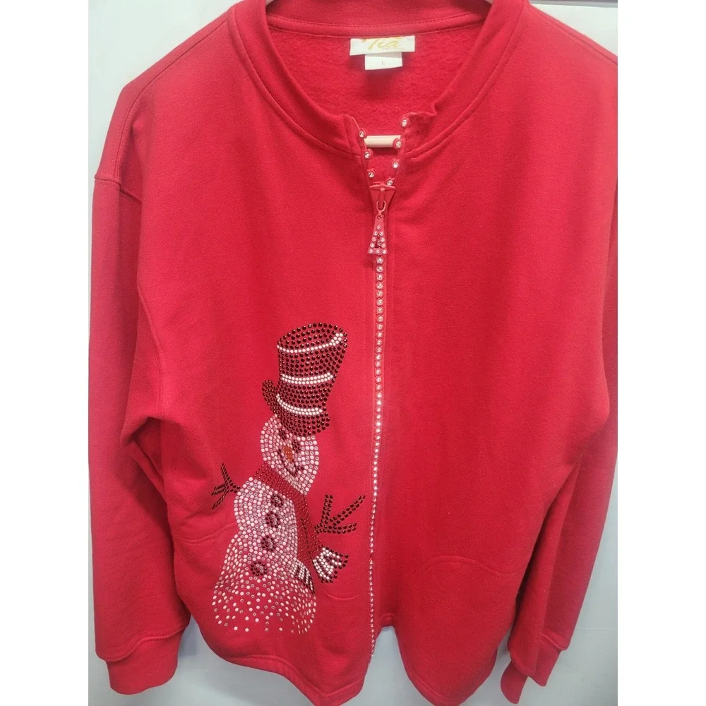 Tia Designs Red Rhinestone Snowman Zip Up Holiday Christmas‎ Sweatshirt Large